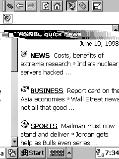 MSNBC daily news summary on a Palm-size PC
